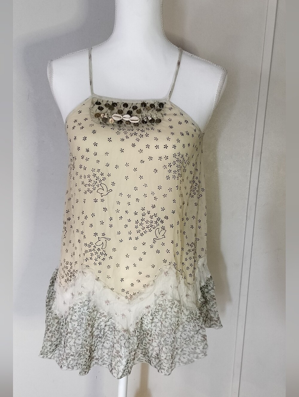 Free People Cream Floral Shell-Trim Spaghetti Strap Camisole
